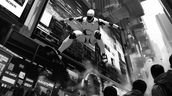 Black and white AI vector image of robot jumping over the heads of onlookers in a city