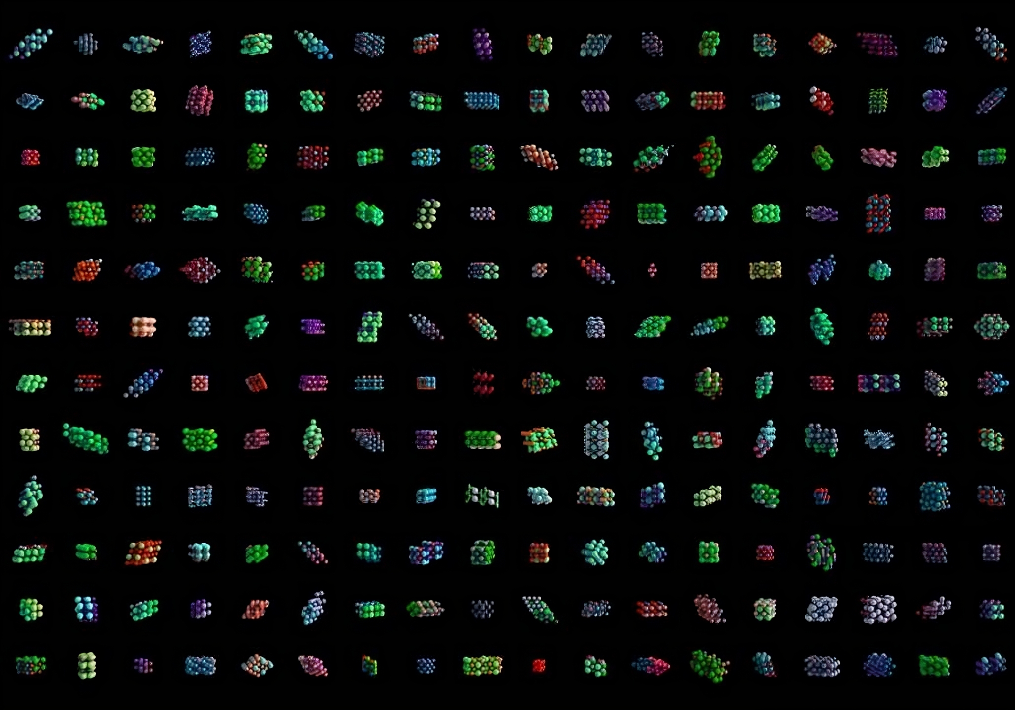 Illustration of new compounds being tested to illustrate the MatterGen diffusion model from Microsoft that uses AI to speed up materials discovery.