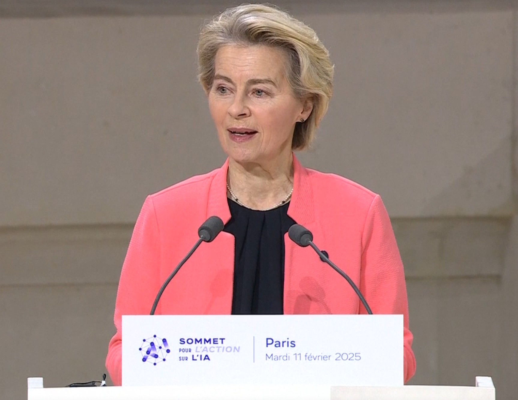 Photo of European Commission President Ursula von der Leyen at the AI Action Summit in Paris setting out how Europe plans to respond to the AI race including through gigafactories and the European Union AI Act while arguing for safety and reducing risks, arguing that ethical AI is a global responsibility.